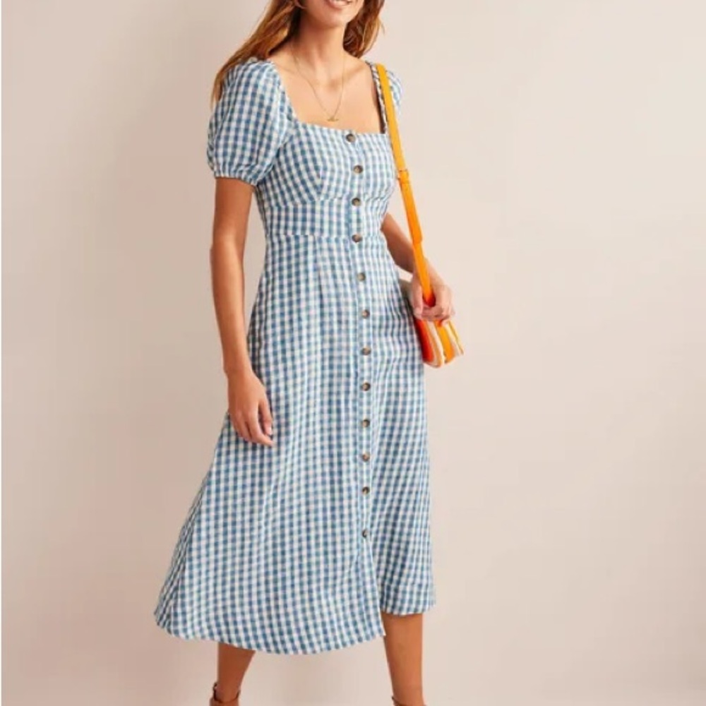 Boden Square Neck Linen Midi Dress in Delphinium Blue Gingham NWT
